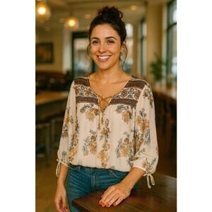 Maurice's Women's Beige Brown Blue  Floral Boho Semi Sheer Cold Arm Ties Top, 0